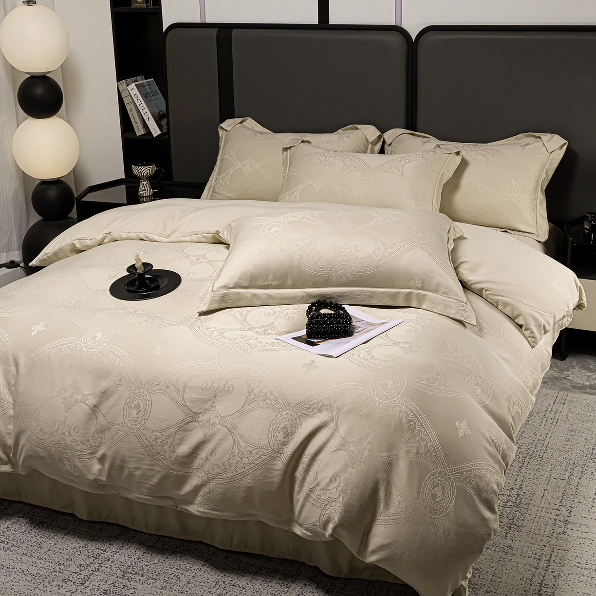 91家纺网 家纺一手货源 找家纺 优选 2025新款欧式轻奢风直播热款贡缎提花四件套床单床笠款 浅香槟