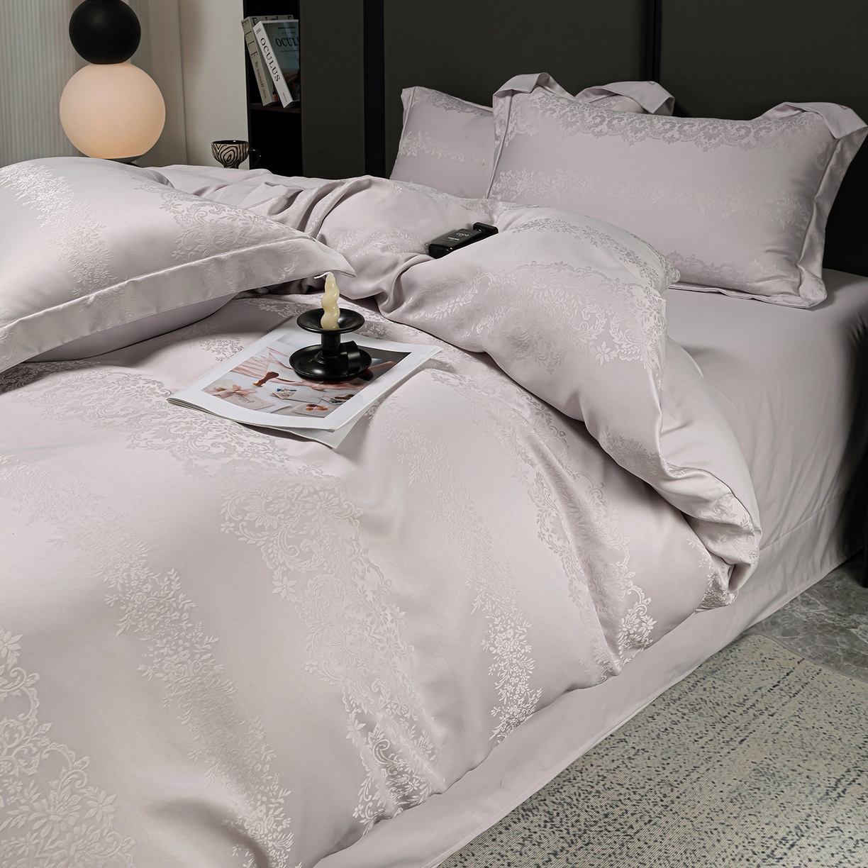91家纺网 家纺一手货源 找家纺 优选 2025新款欧式轻奢风直播热款贡缎提花四件套床单床笠款 月光灰