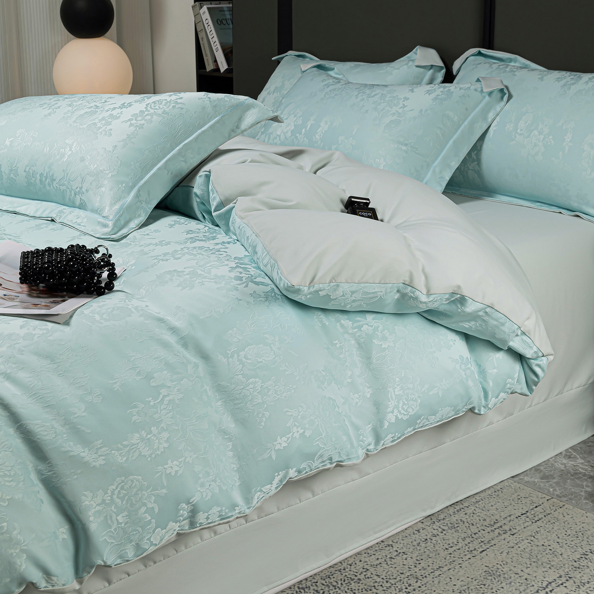 91家纺网 家纺一手货源 找家纺 优选 2025新款欧式轻奢风直播热款贡缎提花四件套床单床笠款 冰岛蓝