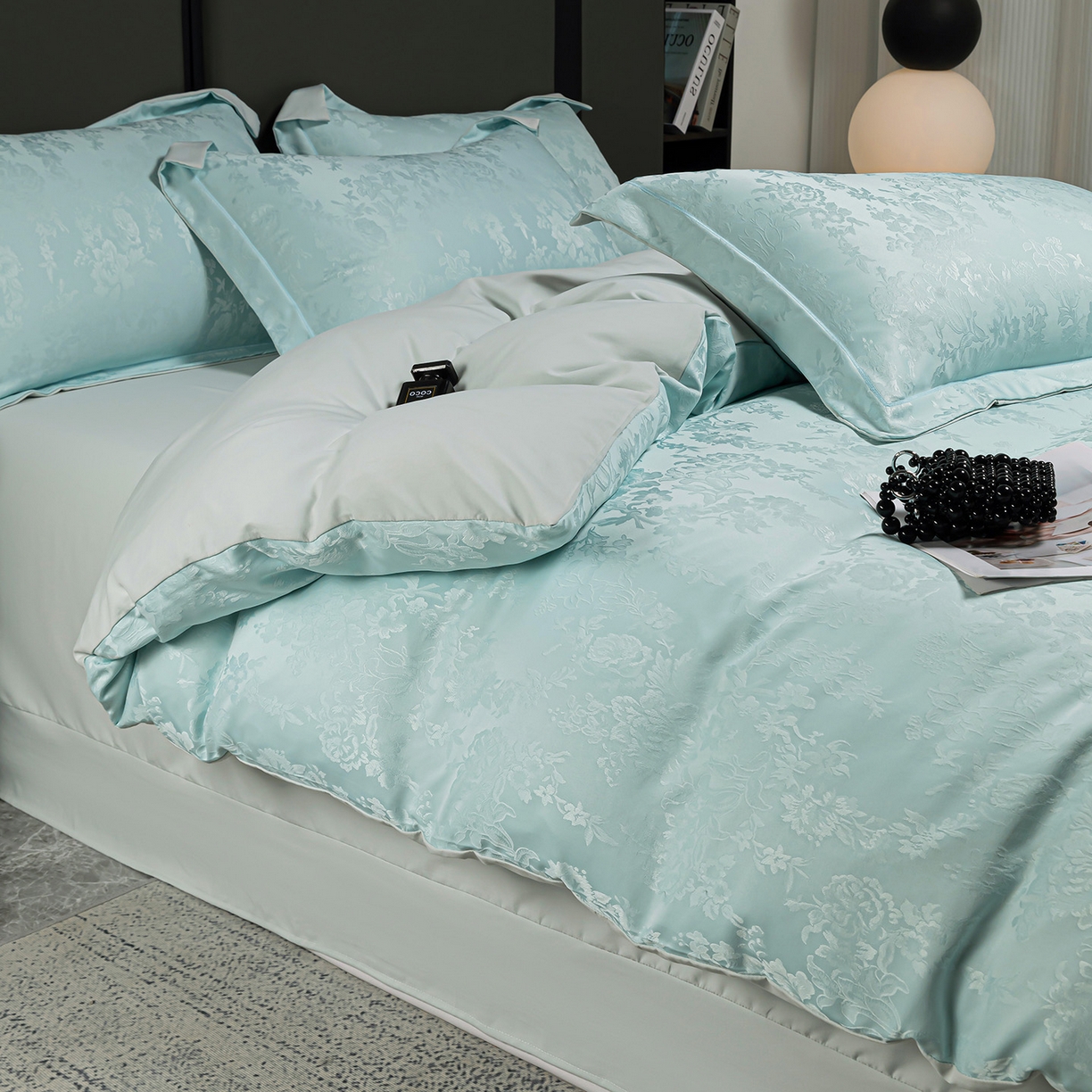 91家纺网 家纺一手货源 找家纺 优选 2025新款欧式轻奢风直播热款贡缎提花四件套床单床笠款 冰岛蓝