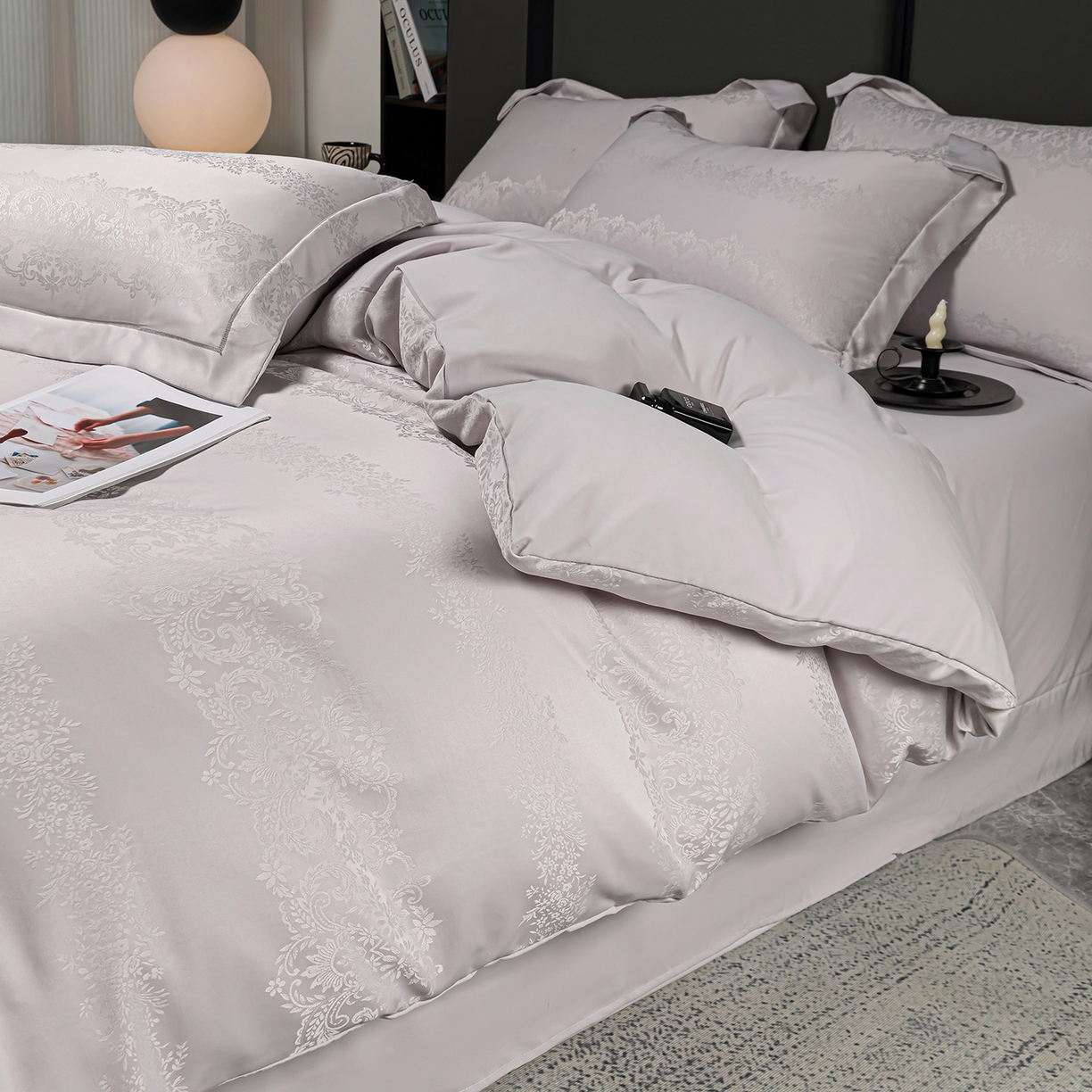 91家纺网 家纺一手货源 找家纺 优选 2025新款欧式轻奢风直播热款贡缎提花四件套床单床笠款 月光灰