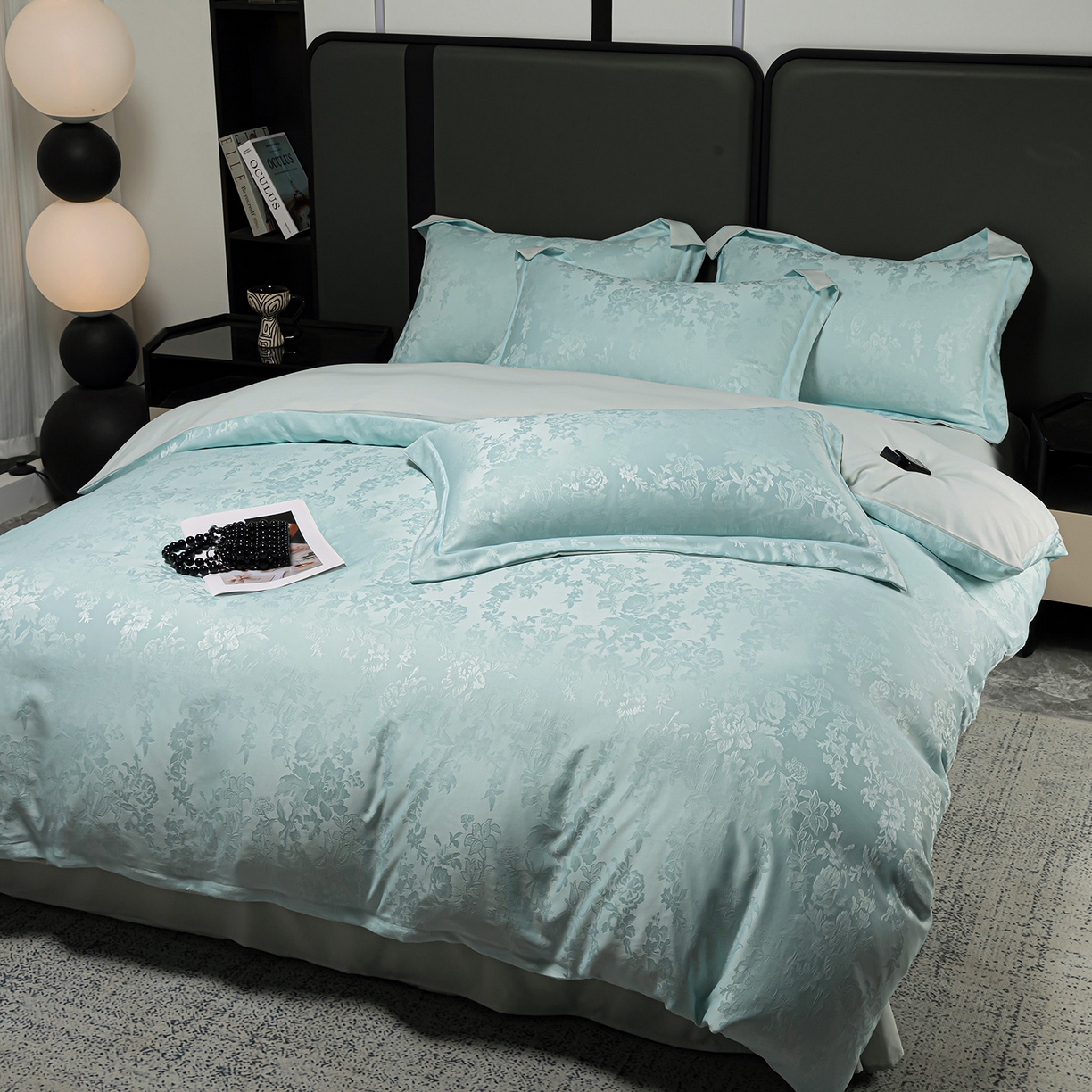 91家纺网 家纺一手货源 找家纺 优选 2025新款欧式轻奢风直播热款贡缎提花四件套床单床笠款 冰岛蓝