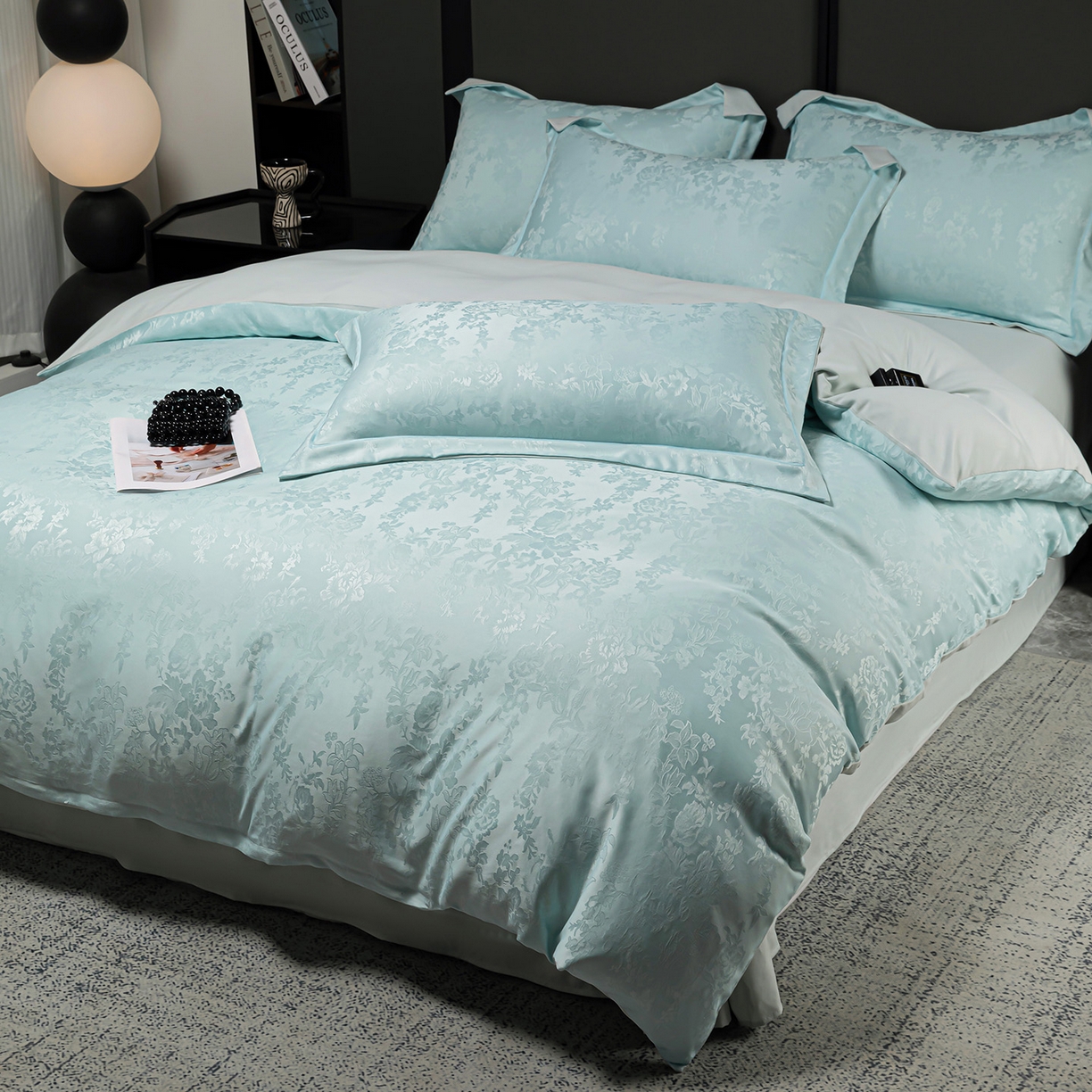 91家纺网 家纺一手货源 找家纺 优选 2025新款欧式轻奢风直播热款贡缎提花四件套床单床笠款 冰岛蓝