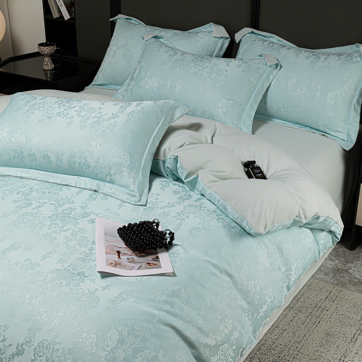 91家纺网 家纺一手货源 找家纺 优选 2025新款欧式轻奢风直播热款贡缎提花四件套床单床笠款 冰岛蓝