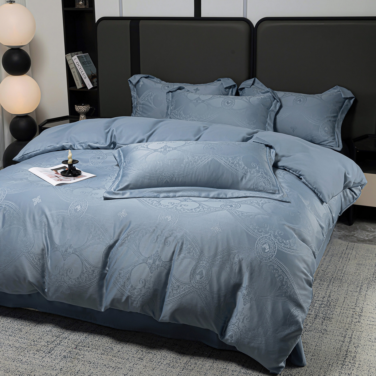 91家纺网 家纺一手货源 找家纺 优选 2025新款欧式轻奢风直播热款贡缎提花四件套床单床笠款 经典蓝