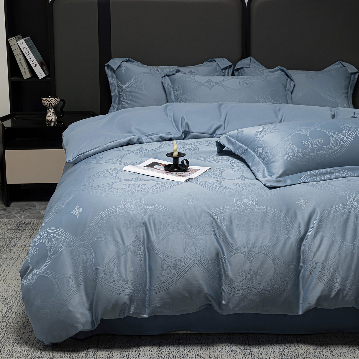 91家纺网 家纺一手货源 找家纺 优选 2025新款欧式轻奢风直播热款贡缎提花四件套床单床笠款 经典蓝