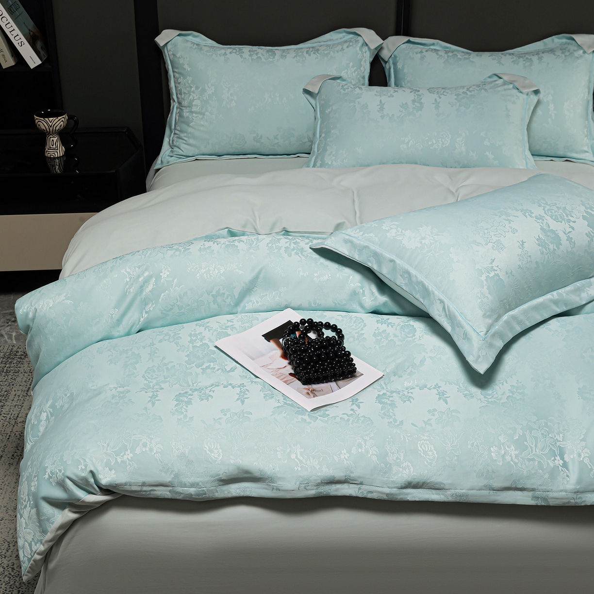 91家纺网 家纺一手货源 找家纺 优选 2025新款欧式轻奢风直播热款贡缎提花四件套床单床笠款 冰岛蓝