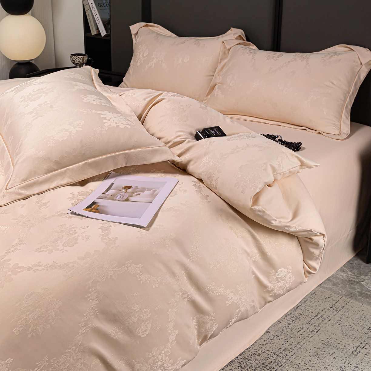 91家纺网 家纺一手货源 找家纺 优选 2025新款欧式轻奢风直播热款贡缎提花四件套床单床笠款 琳娜粉