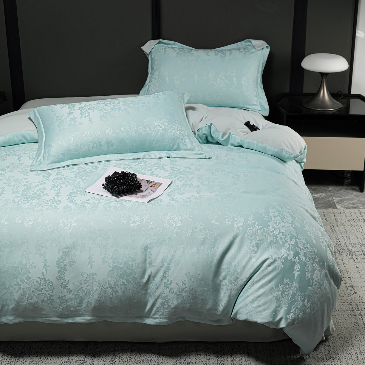 91家纺网 家纺一手货源 找家纺 优选 2025新款欧式轻奢风直播热款贡缎提花四件套床单床笠款 冰岛蓝