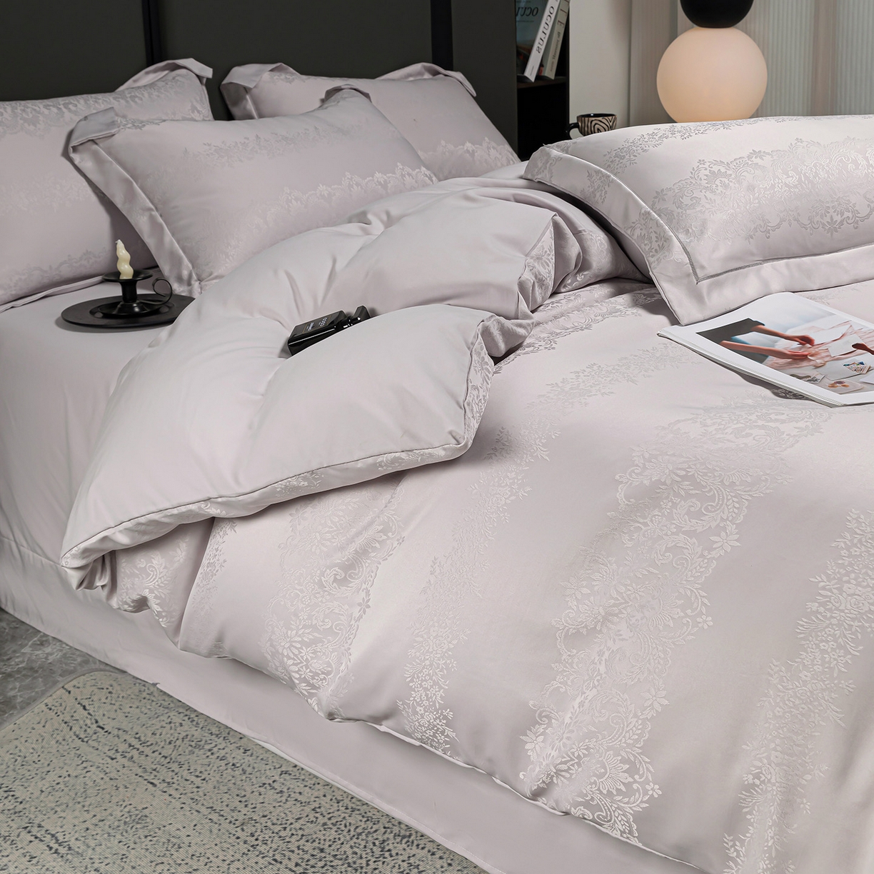 91家纺网 家纺一手货源 找家纺 优选 2025新款欧式轻奢风直播热款贡缎提花四件套床单床笠款 月光灰