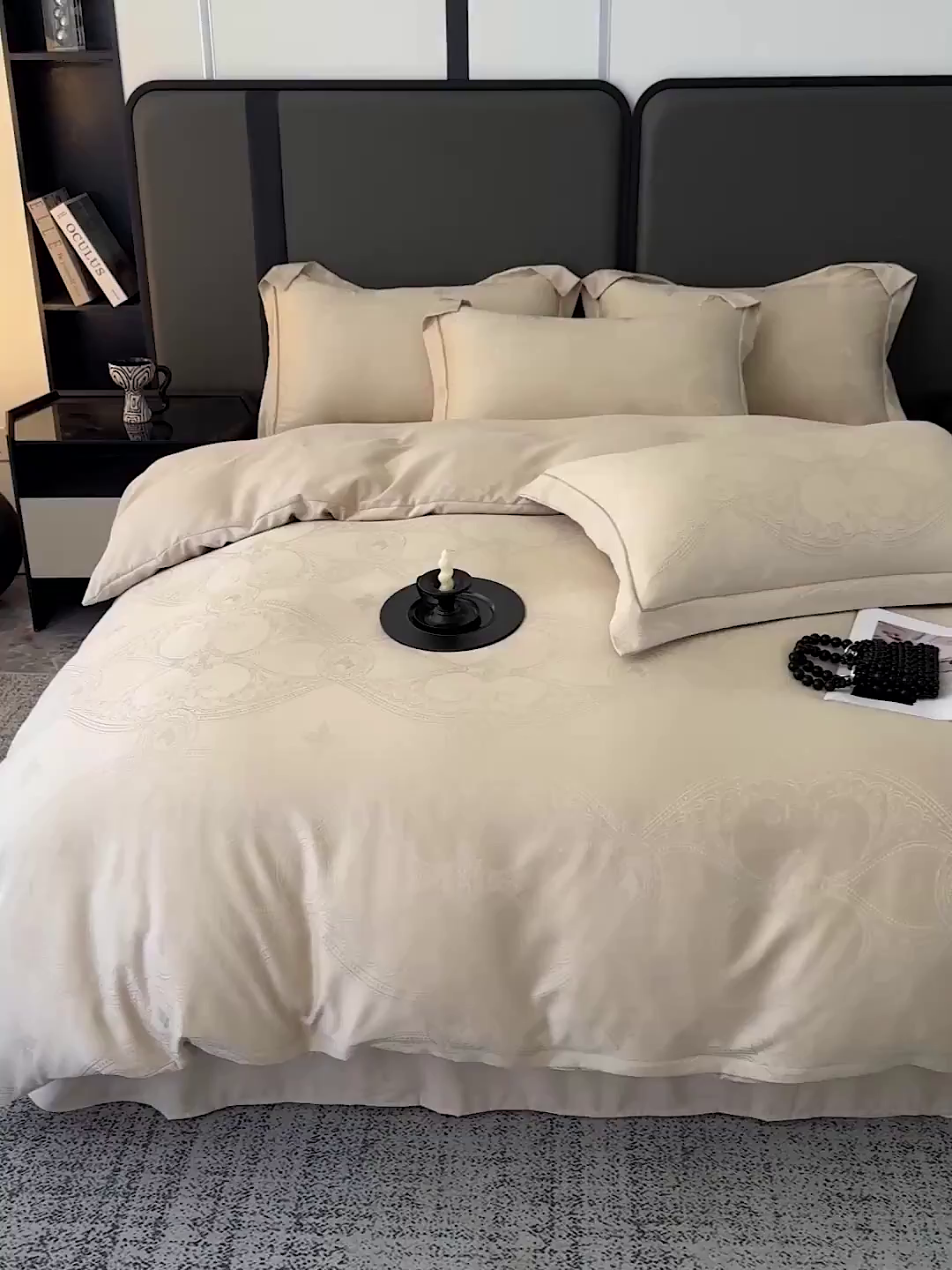 91家纺网 家纺一手货源 找家纺 优选 2025新款欧式轻奢风直播热款贡缎提花四件套床单床笠款 浅香槟