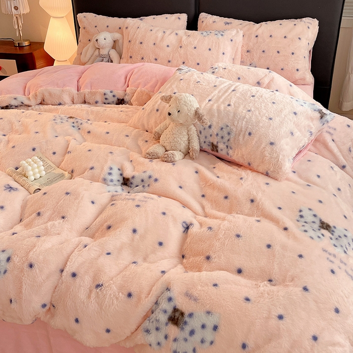 91家纺网 家纺一手货源 找家纺 金梦拉 2025直播爆款A类加厚兔绒印花系列四件套 波点蝴蝶结粉