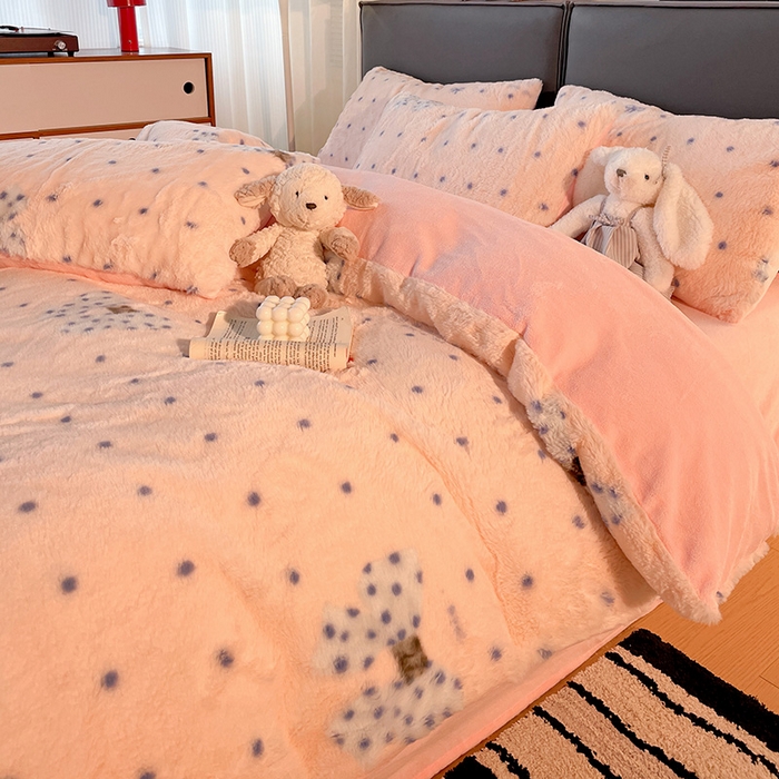 91家纺网 家纺一手货源 找家纺 金梦拉 2025直播爆款A类加厚兔绒印花系列四件套 波点蝴蝶结粉