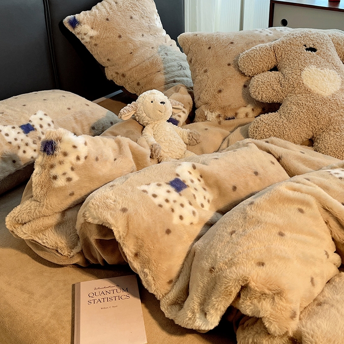 91家纺网 家纺一手货源 找家纺 金梦拉 2025直播爆款A类加厚兔绒印花系列四件套 波点蝴蝶结咖