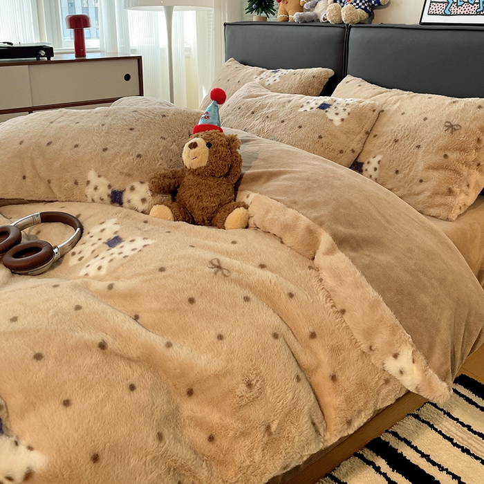 91家纺网 家纺一手货源 找家纺 金梦拉 2025直播爆款A类加厚兔绒印花系列四件套 波点蝴蝶结咖