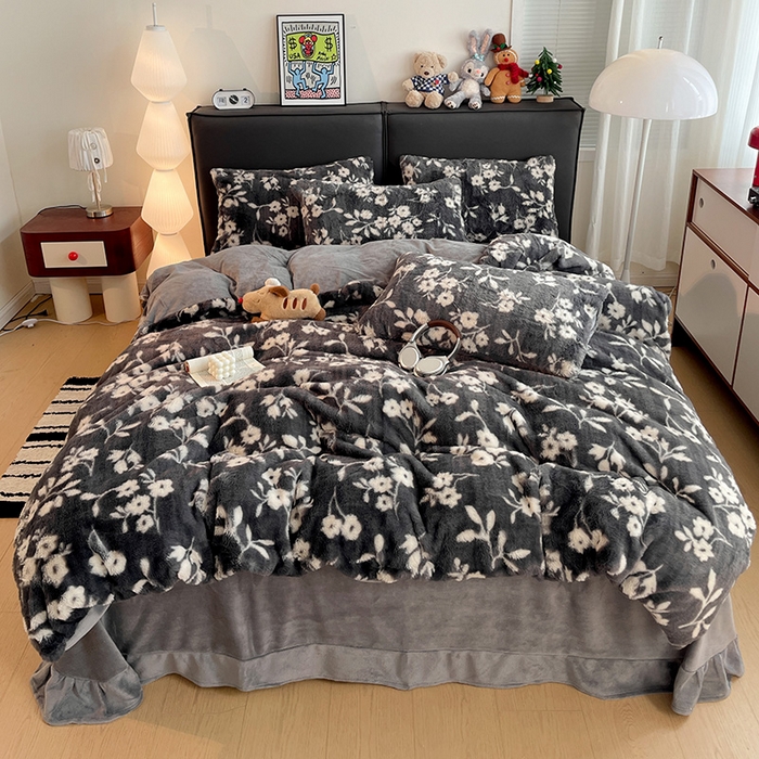 91家纺网 家纺一手货源 找家纺 金梦拉 2025直播爆款A类加厚兔绒印花系列四件套 花影灰