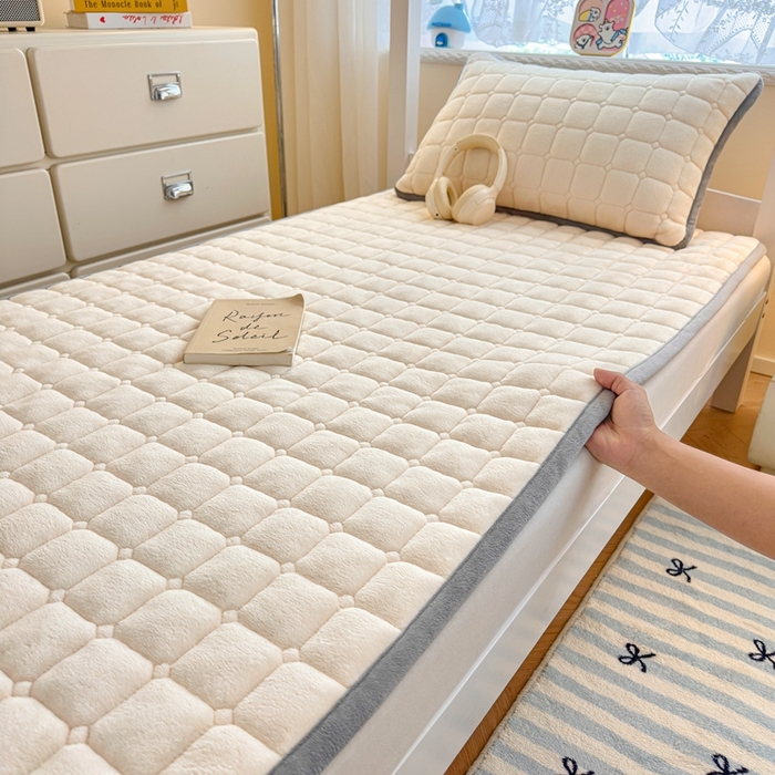 雅萱家纺 2025新款牛奶绒夹棉印花床垫学生图 绒床垫-米白