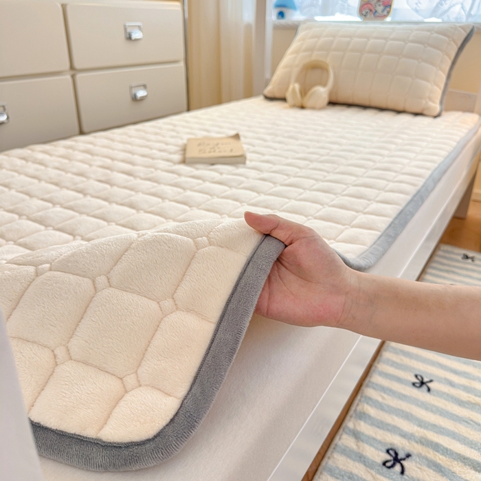 91家纺网 家纺一手货源 找家纺 雅萱家纺 2025新款牛奶绒夹棉印花床垫学生图 绒床垫-米白