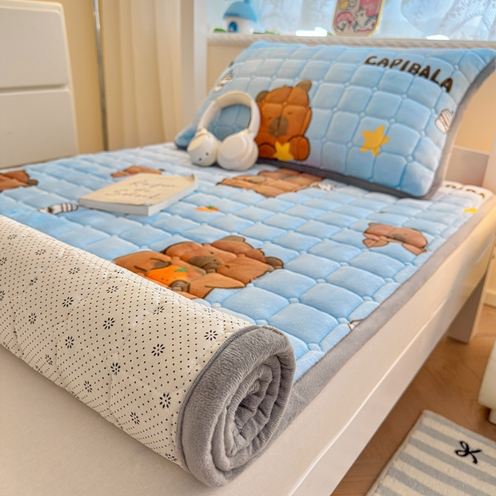 91家纺网 家纺一手货源 找家纺 雅萱家纺 2025新款牛奶绒夹棉印花床垫学生图 绒床垫-奶茶屯屯蓝色