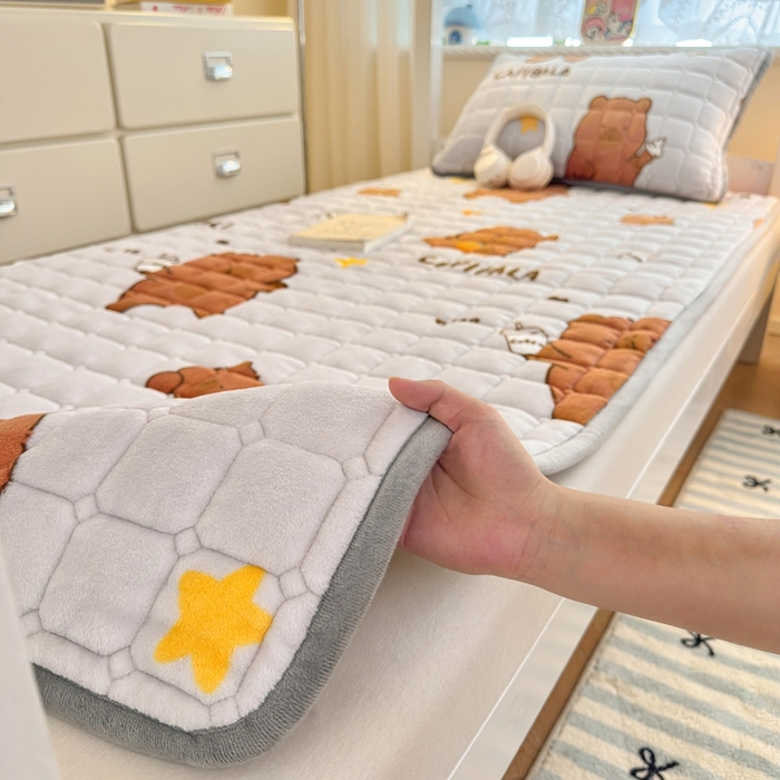 91家纺网 家纺一手货源 找家纺 雅萱家纺 2025新款牛奶绒夹棉印花床垫学生图 绒床垫-奶茶屯屯灰