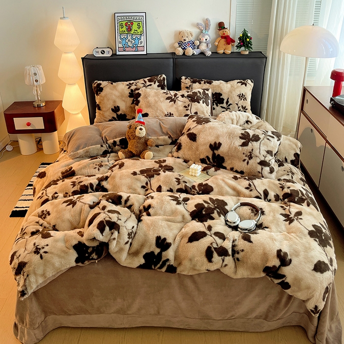 91家纺网 家纺一手货源 找家纺 金梦拉 2025直播爆款A类加厚兔绒印花系列四件套 简单爱