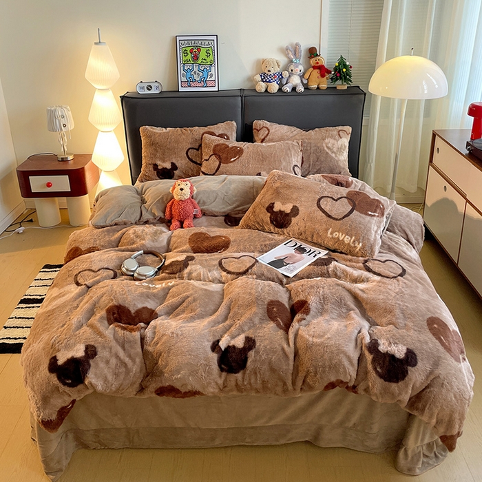 91家纺网 家纺一手货源 找家纺 金梦拉 2025直播爆款A类加厚兔绒印花系列四件套 可可爱心