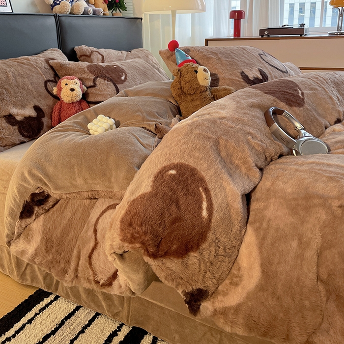 91家纺网 家纺一手货源 找家纺 金梦拉 2025直播爆款A类加厚兔绒印花系列四件套 可可爱心