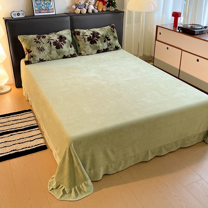 91家纺网 家纺一手货源 找家纺 金梦拉 2025直播爆款A类加厚兔绒印花系列四件套 绿叶