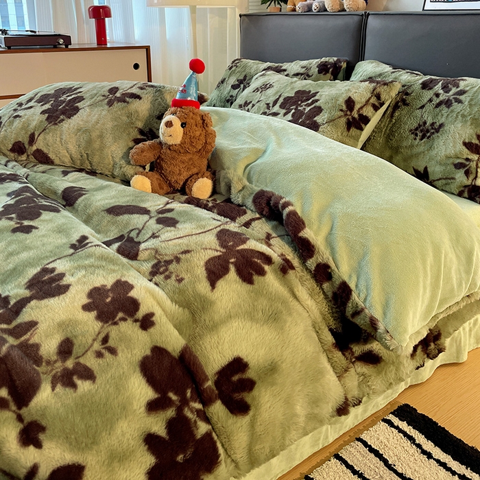 91家纺网 家纺一手货源 找家纺 金梦拉 2025直播爆款A类加厚兔绒印花系列四件套 绿叶