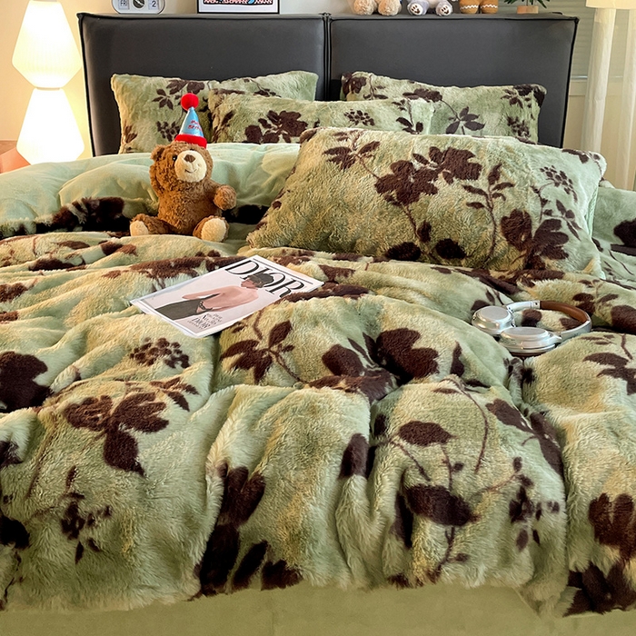 91家纺网 家纺一手货源 找家纺 金梦拉 2025直播爆款A类加厚兔绒印花系列四件套 绿叶