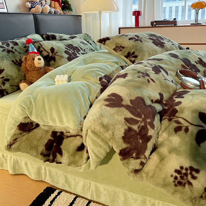 91家纺网 家纺一手货源 找家纺 金梦拉 2025直播爆款A类加厚兔绒印花系列四件套 绿叶