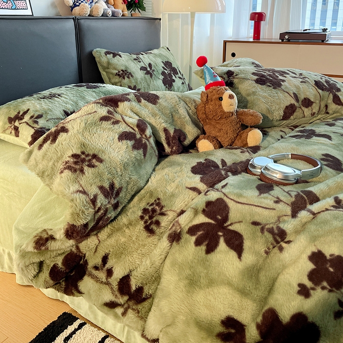 91家纺网 家纺一手货源 找家纺 金梦拉 2025直播爆款A类加厚兔绒印花系列四件套 绿叶