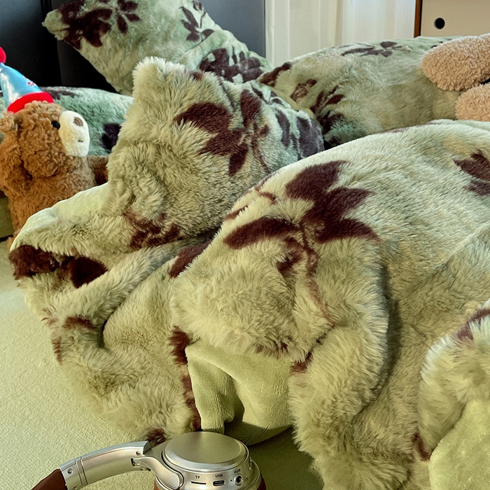 91家纺网 家纺一手货源 找家纺 金梦拉 2025直播爆款A类加厚兔绒印花系列四件套 绿叶