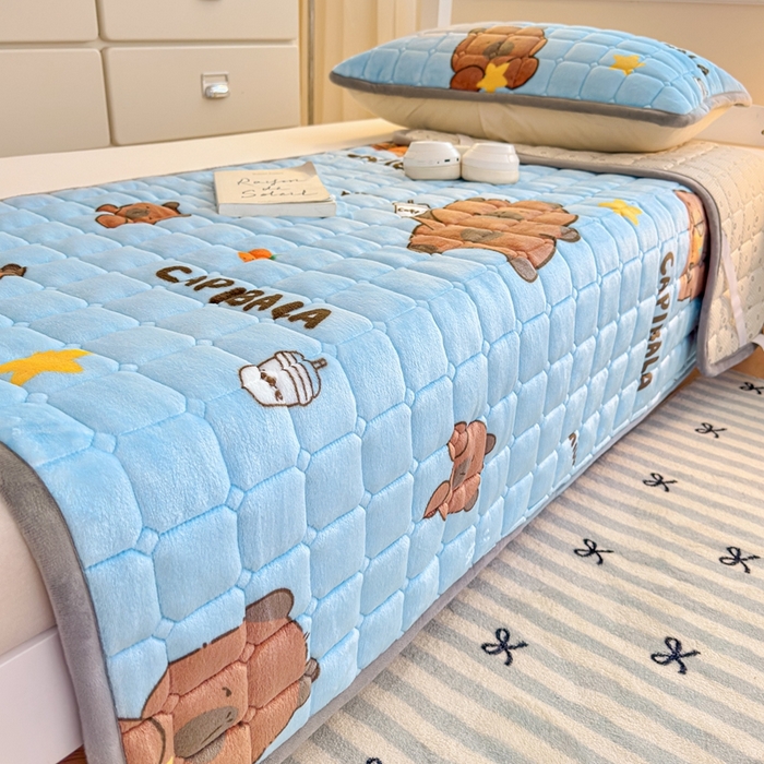 91家纺网 家纺一手货源 找家纺 雅萱家纺 2025新款牛奶绒夹棉印花床垫学生图 绒床垫-奶茶屯屯蓝色