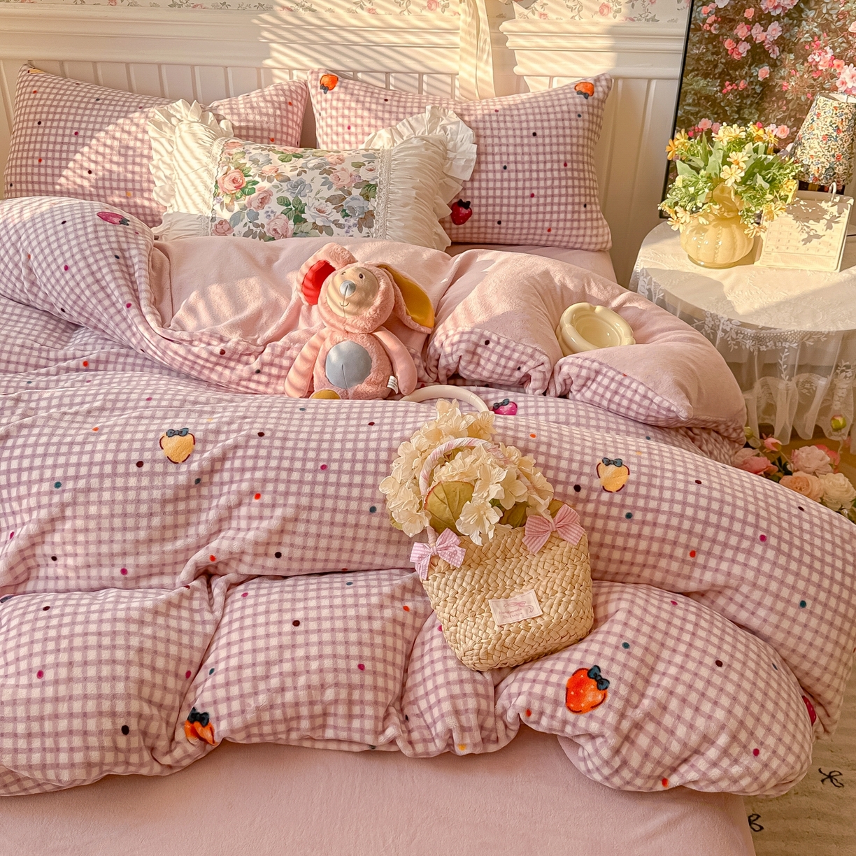 91家纺网 家纺一手货源 找家纺 韩巢家纺 2025新款高克重印花牛奶绒床品四件套 彩色草莓