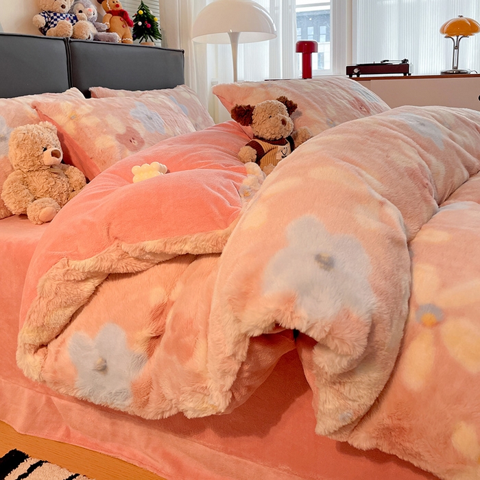 91家纺网 家纺一手货源 找家纺 金梦拉 2025直播爆款A类加厚兔绒印花系列四件套 暖阳