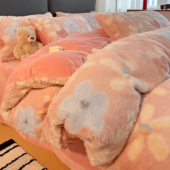 金梦拉 2025直播爆款A类加厚兔绒印花系列四件套 暖阳