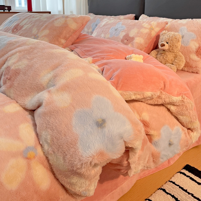 91家纺网 家纺一手货源 找家纺 金梦拉 2025直播爆款A类加厚兔绒印花系列四件套 暖阳