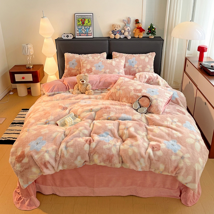 91家纺网 家纺一手货源 找家纺 金梦拉 2025直播爆款A类加厚兔绒印花系列四件套 暖阳