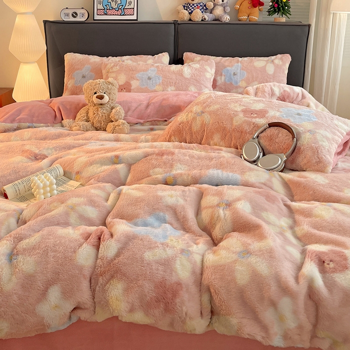 91家纺网 家纺一手货源 找家纺 金梦拉 2025直播爆款A类加厚兔绒印花系列四件套 暖阳