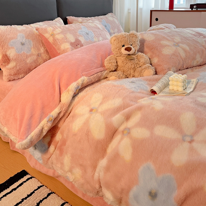 91家纺网 家纺一手货源 找家纺 金梦拉 2025直播爆款A类加厚兔绒印花系列四件套 暖阳