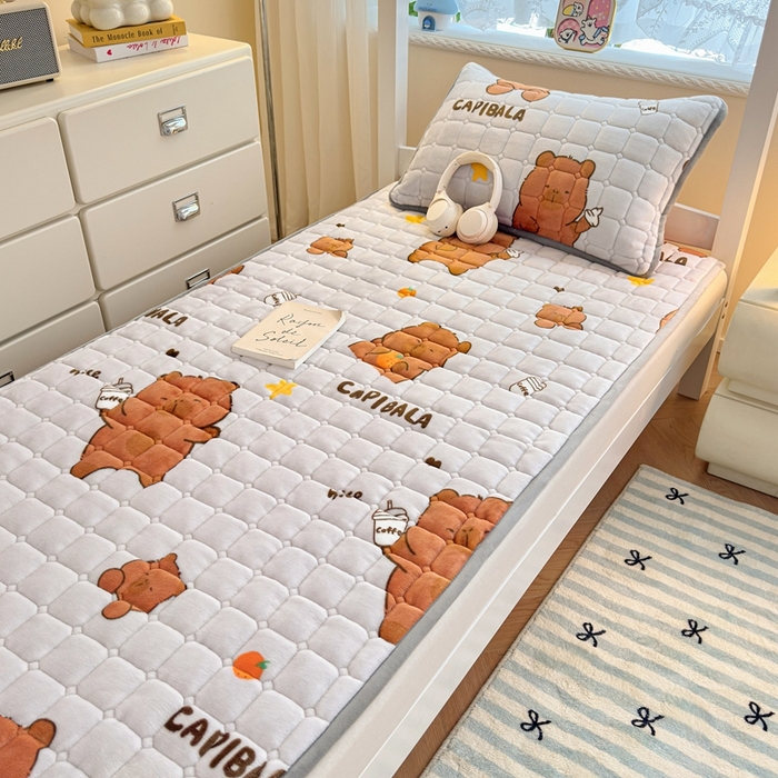 91家纺网 家纺一手货源 找家纺 雅萱家纺 2025新款牛奶绒夹棉印花床垫学生图 绒床垫-奶茶屯屯灰