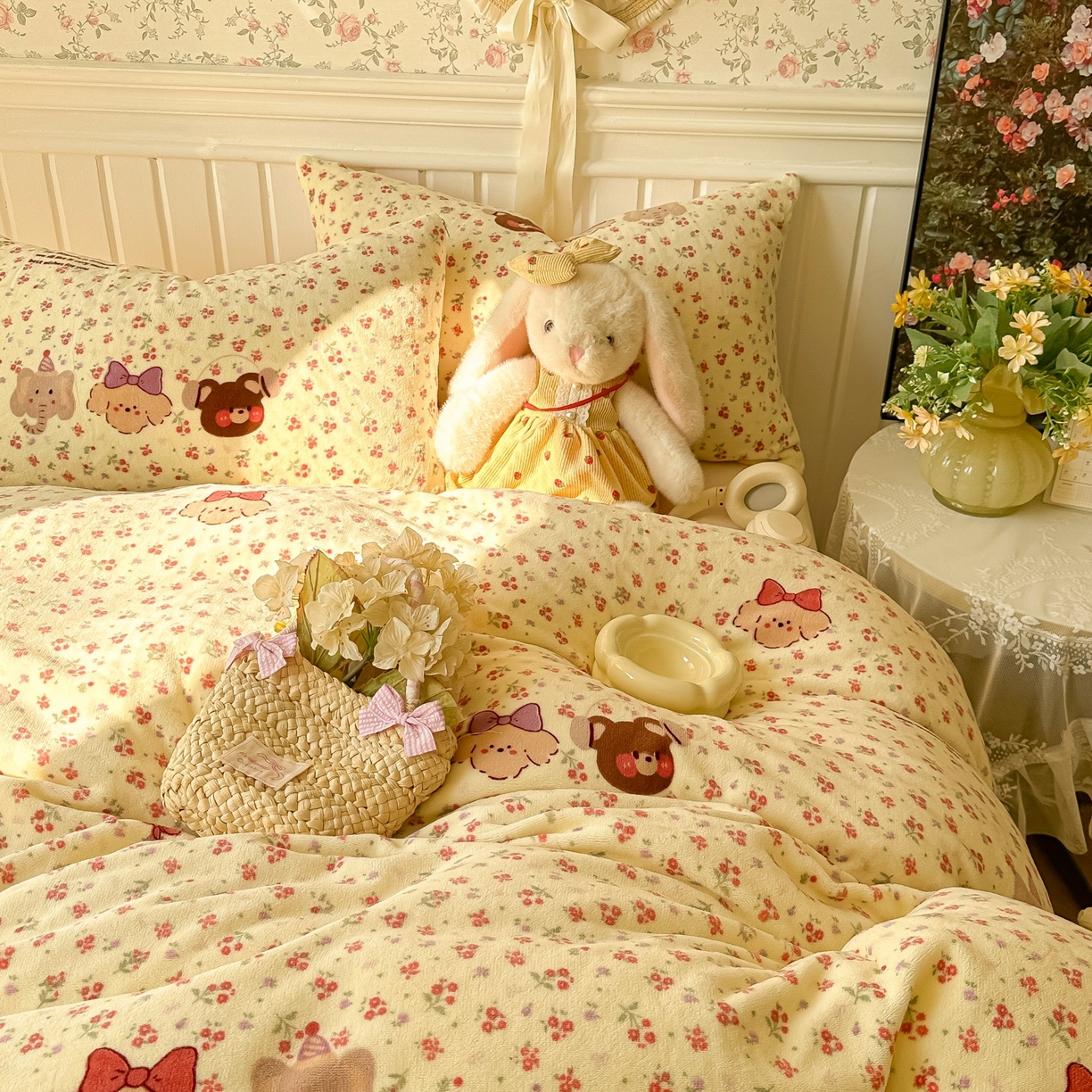 91家纺网 家纺一手货源 找家纺 韩巢家纺 2025新款高克重印花牛奶绒床品四件套 动物乐园