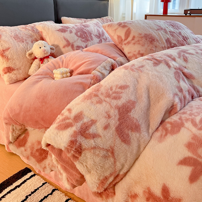 金梦拉 2025直播爆款A类加厚兔绒印花系列四件套 水雾粉