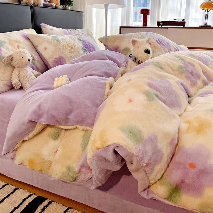 91家纺网 家纺一手货源 找家纺 金梦拉 2025直播爆款A类加厚兔绒印花系列四件套 烟熏紫