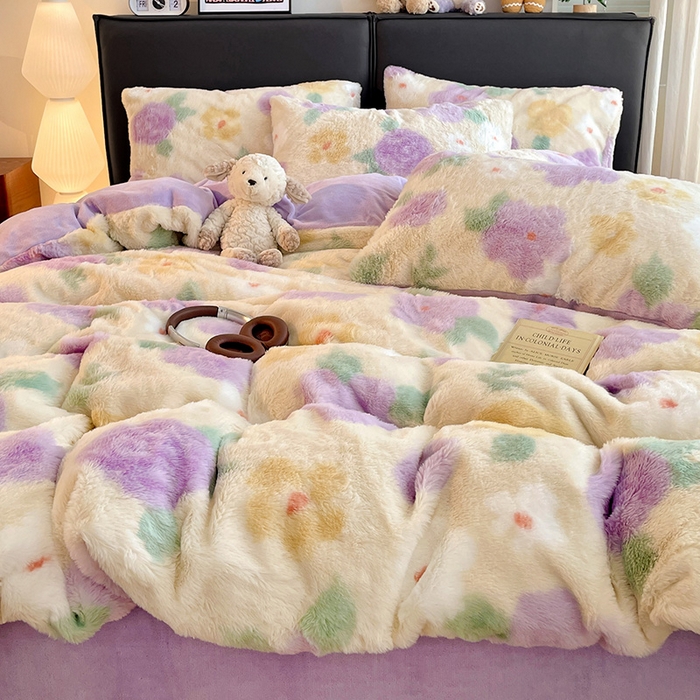 91家纺网 家纺一手货源 找家纺 金梦拉 2025直播爆款A类加厚兔绒印花系列四件套 烟熏紫