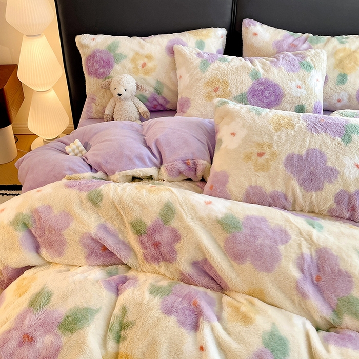 91家纺网 家纺一手货源 找家纺 金梦拉 2025直播爆款A类加厚兔绒印花系列四件套 烟熏紫