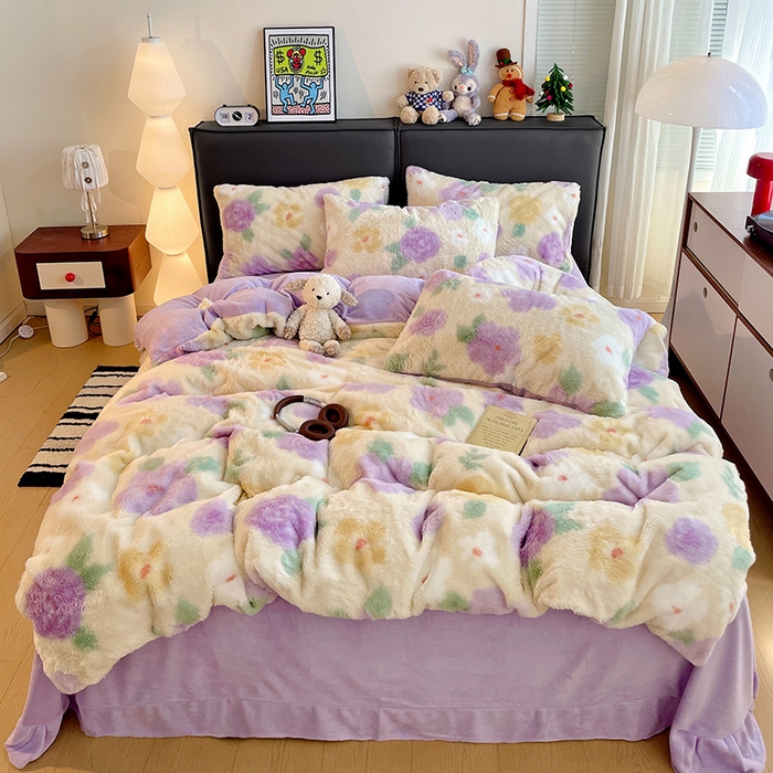 91家纺网 家纺一手货源 找家纺 金梦拉 2025直播爆款A类加厚兔绒印花系列四件套 烟熏紫