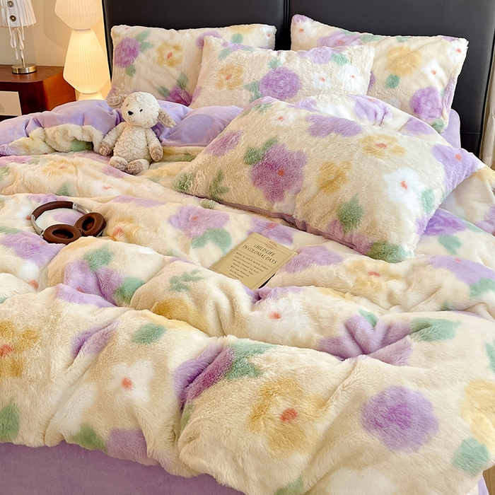 91家纺网 家纺一手货源 找家纺 金梦拉 2025直播爆款A类加厚兔绒印花系列四件套 烟熏紫