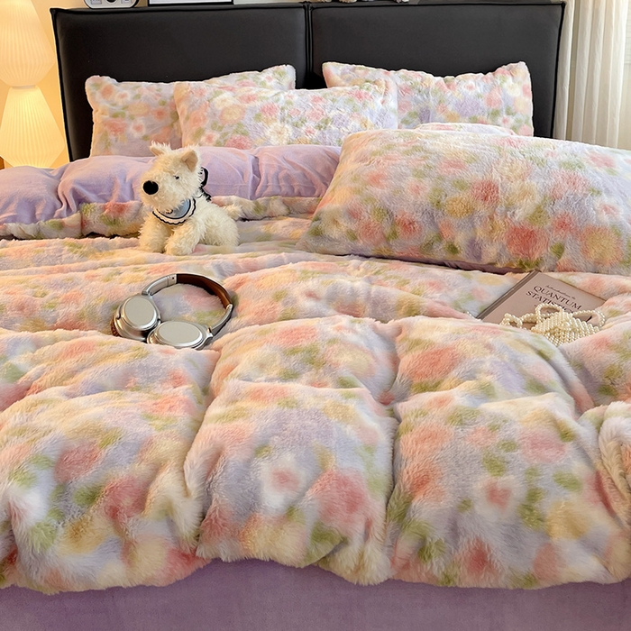 91家纺网 家纺一手货源 找家纺 金梦拉 2025直播爆款A类加厚兔绒印花系列四件套 芋泥紫